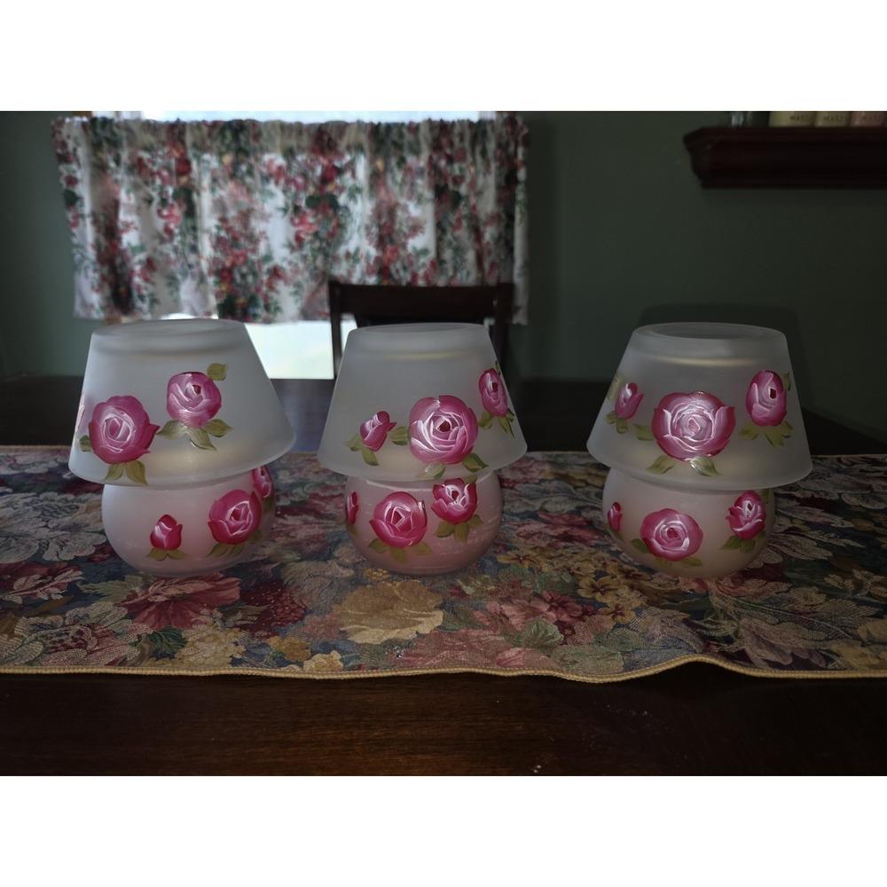3 Vtg KingKing Pink Frosted Glass Tealight Votive Hurricane Candle Lamps Roses 6